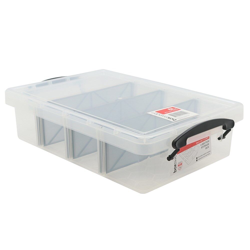 6 x 6L Clear Plastic Storage Box with Removable Dividers Containers Bin Tubs fww