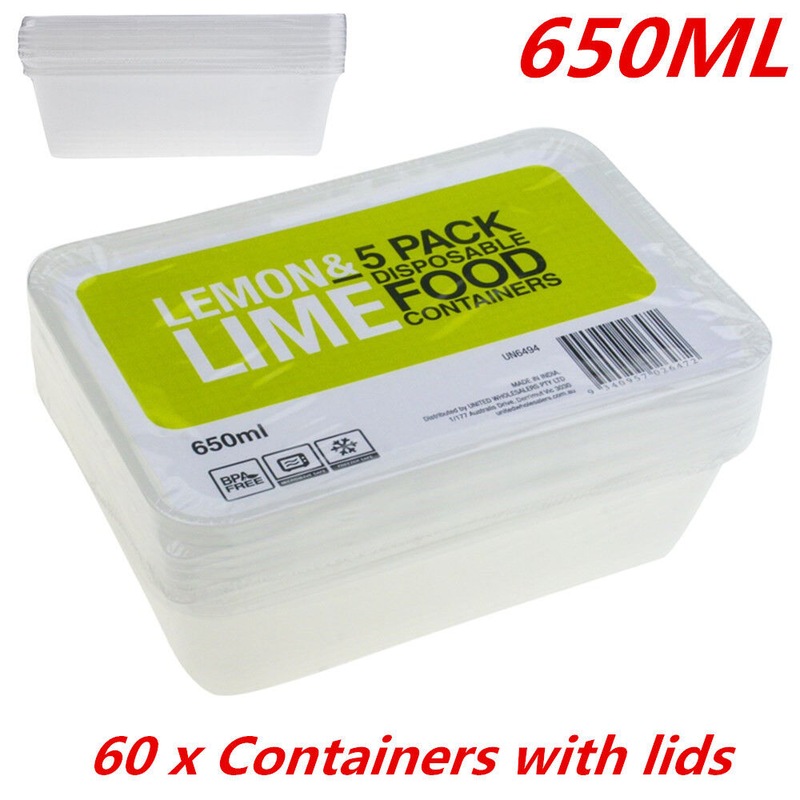 Buy 60 x 650ML RECTANGLE TAKEAWAY CONTAINERS w LIDS DISPOSABLE PLASTIC