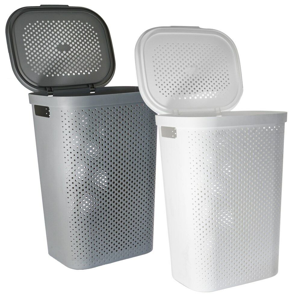 60L Grey Plastic Laundry Hamper Basket Clothes Washing Storage Basket