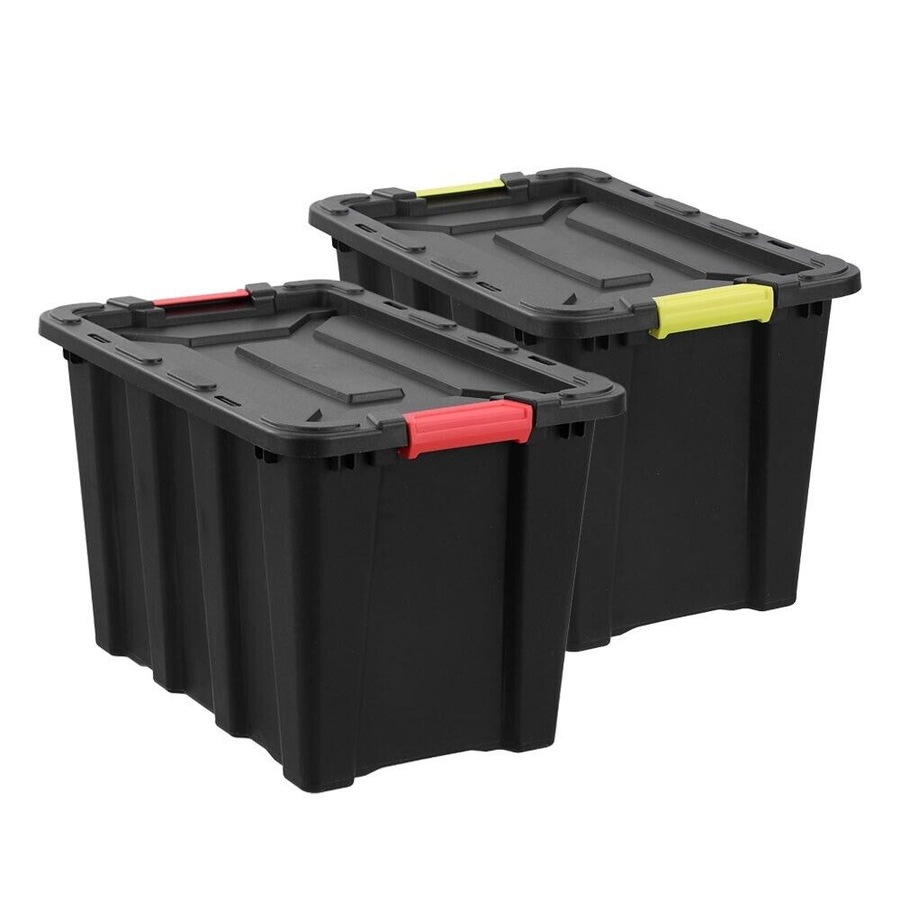 60L Recycled Heavy Duty Black Plastic Storage Crates Containers Tub Lided
