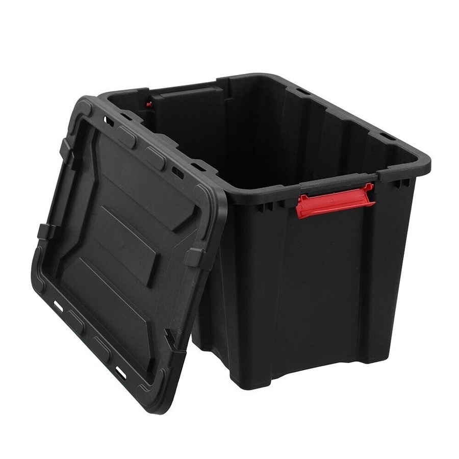 60L Recycled Heavy Duty Black Plastic Storage Crates Containers Tub Lided