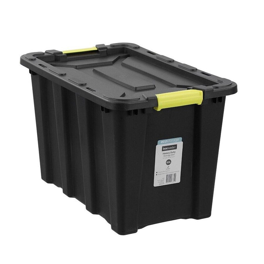 60L Recycled Heavy Duty Black Plastic Storage Crates Containers Tub Lided