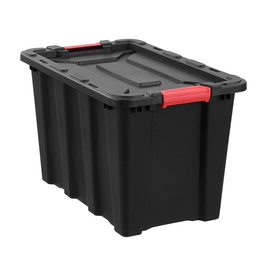 60L Recycled Heavy Duty Black Plastic Storage Crates Containers Tub Lided