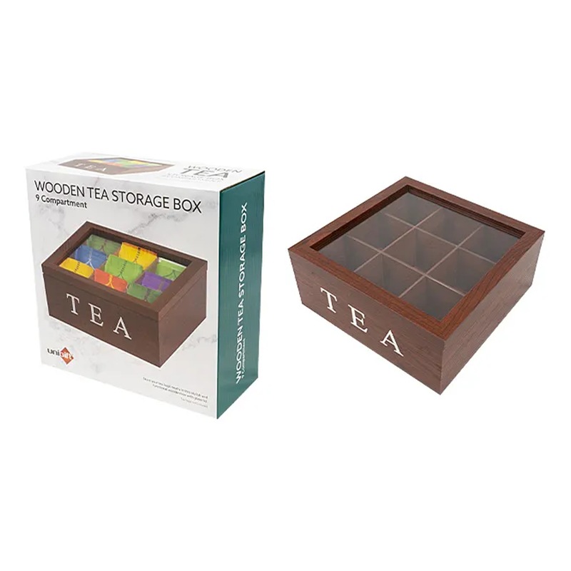 Buy Brown 9 Compartments Wooden Tea Bag Storage Chest Box with Glass