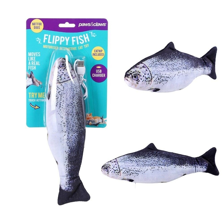 Electric Flippy Fish Cat Toy w Catnip Realistic Interactive USB Rechargeable