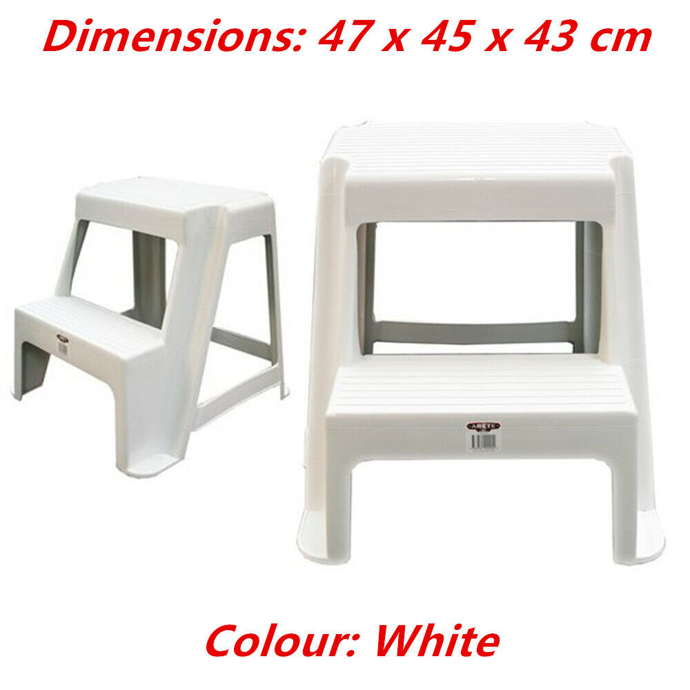 White Large Double Step Stool Black 2 Plastic Portable Ladder 47x45x43cm