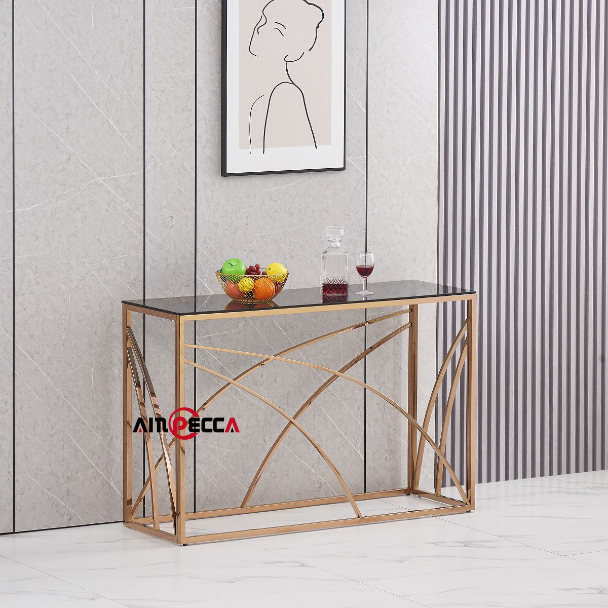 AINPECCA 1 X Console Table Rose Golden Stainless Steel Base Grey Tempered Glass Top For Livingroom Room Foyer Cafe office