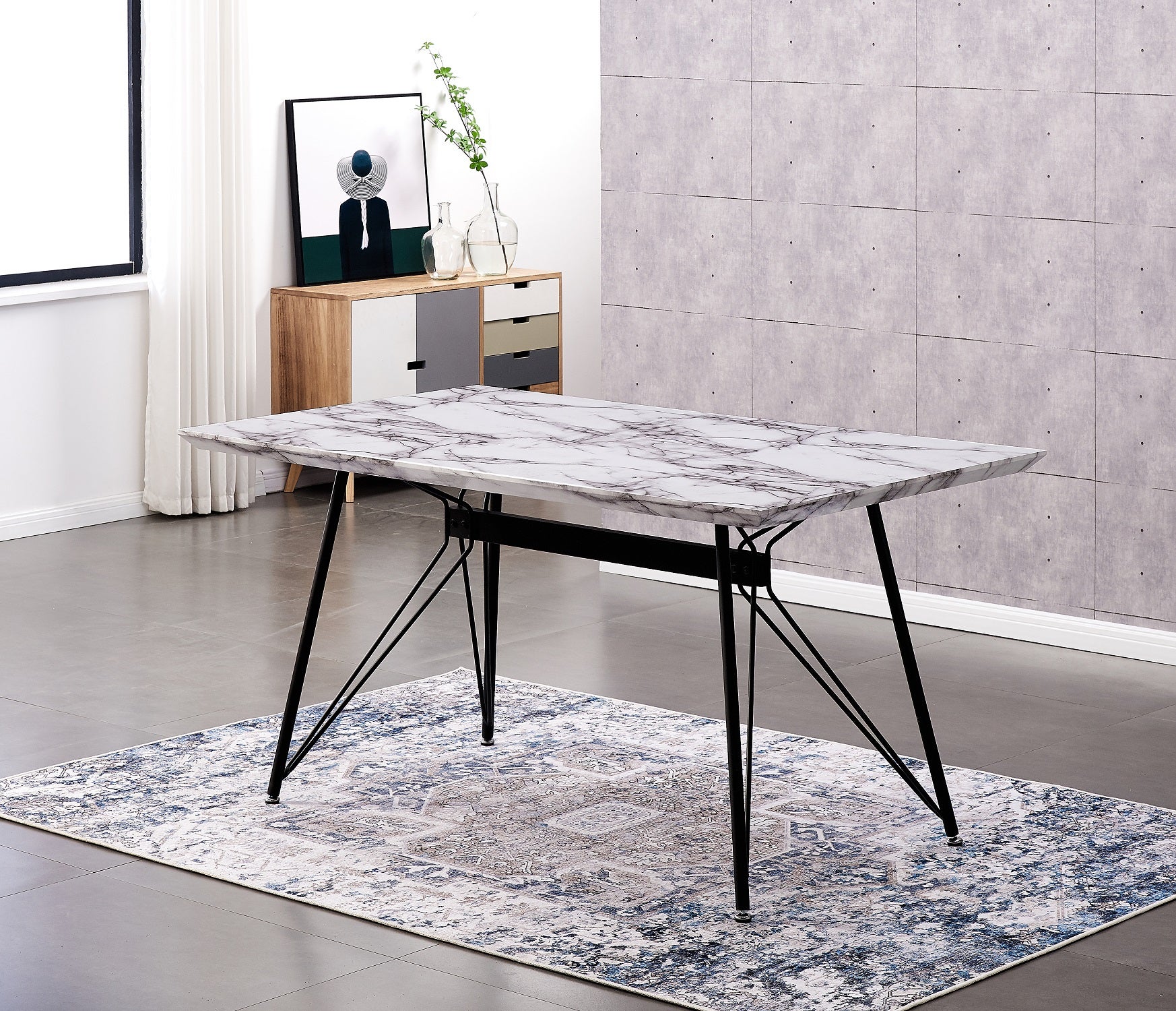 AINPECCA 1x 150x90cm Rectangular Dining Table Faux Marble Grey Look Black Metal Legs For Home Office Commercial Place