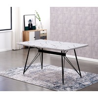AINPECCA 1x 150x90cm Rectangular Dining Table Faux Marble White Look Black Metal Legs For Home Office Commercial Place