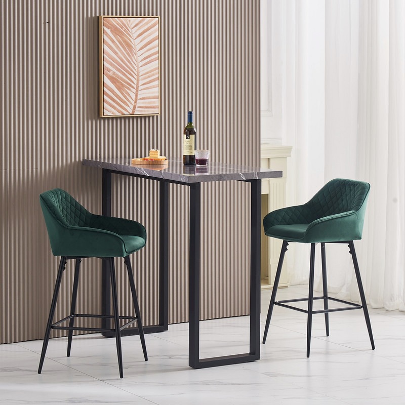 Buy AINPECCA 1x Bar Table and Stool Set Faux Marble with Black Metal Legs 2x Green Velvet Bar