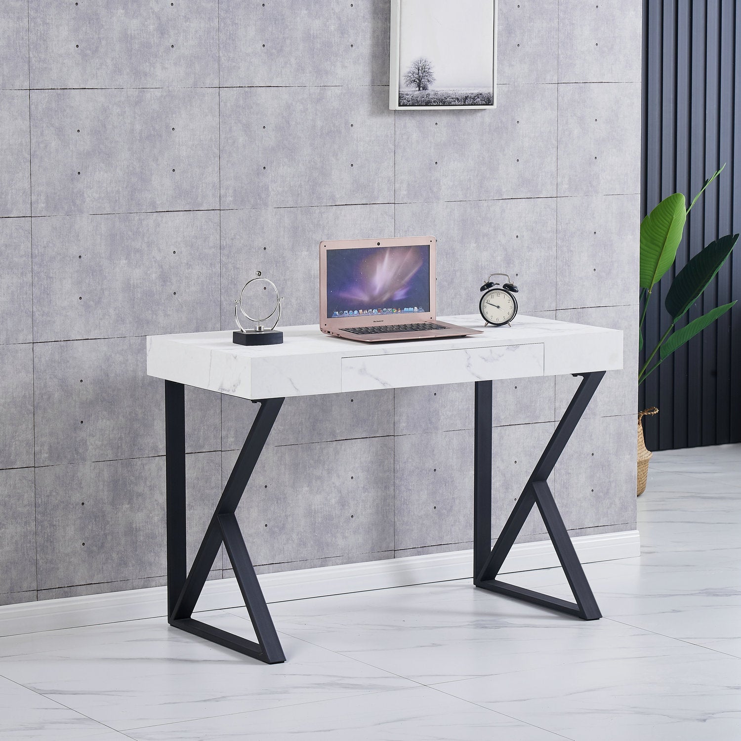 AINPECCA Computer Desk Study Table with Drawer Faux Marble white 110x55CM Metal legs Home Office