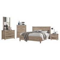 5 Pieces Bedroom Suite Natural Wood Like MDF Structure Double Size Oak Colour Bed, Bedside Table, Tallboy & Dresser