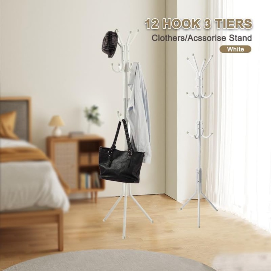 12 Hook Coat Hanger Stand 3-Tier Hat Clothes Rack Metal Tree Style Storage White