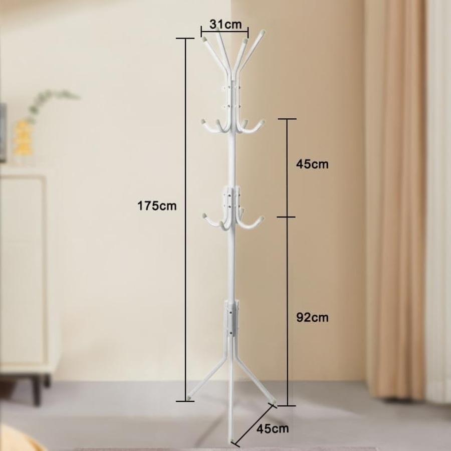 12 Hook Coat Hanger Stand 3-Tier Hat Clothes Rack Metal Tree Style Storage White