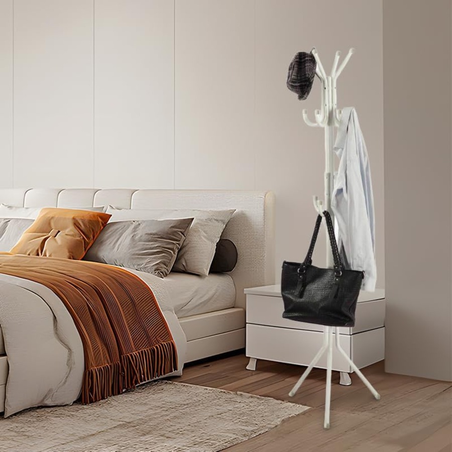12 Hook Coat Hanger Stand 3-Tier Hat Clothes Rack Metal Tree Style Storage White