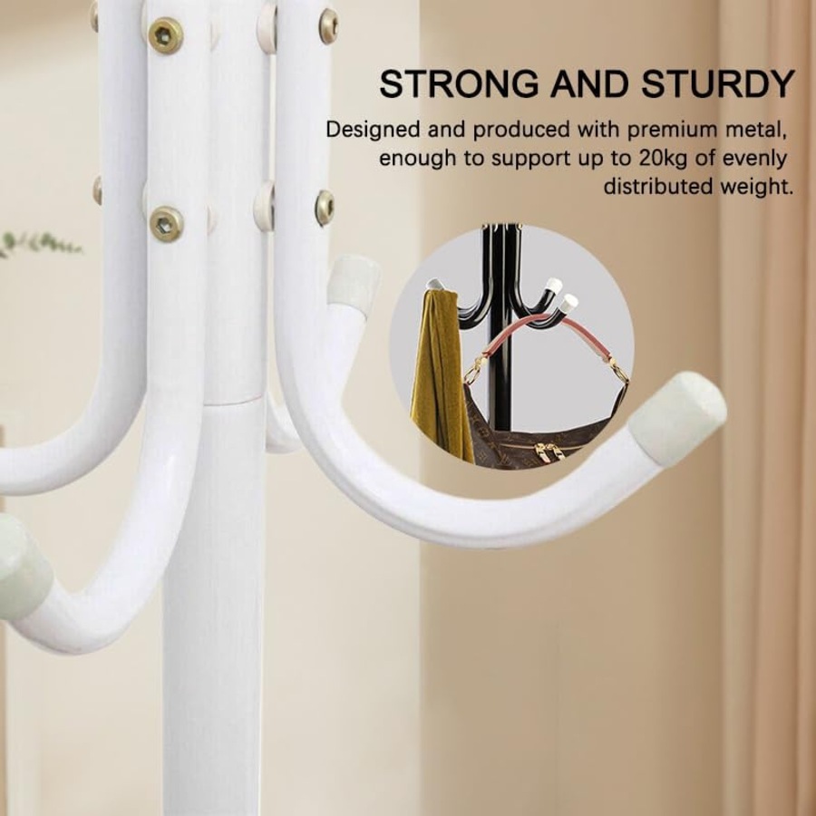12 Hook Coat Hanger Stand 3-Tier Hat Clothes Rack Metal Tree Style Storage White