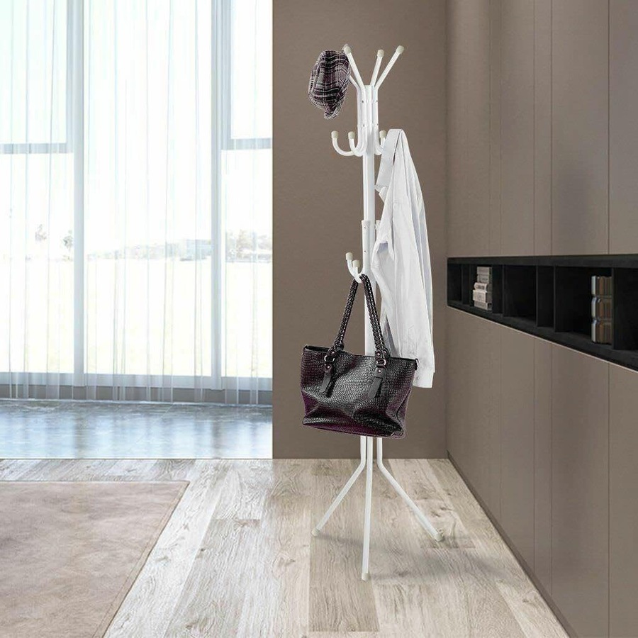 12 Hook Coat Hanger Stand 3-Tier Hat Clothes Rack Metal Tree Style Storage White