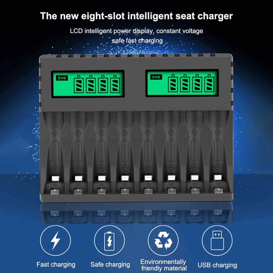 8 Slot Smart Battery Charger for AA/AAA Rechargeable Batteries LCD Display