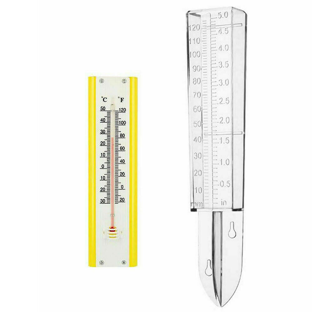 Ozoffer 1 set Outdoor Rain Gauge 120mm & Wall Hanging Plastic Thermometer-22.5x5.5cm