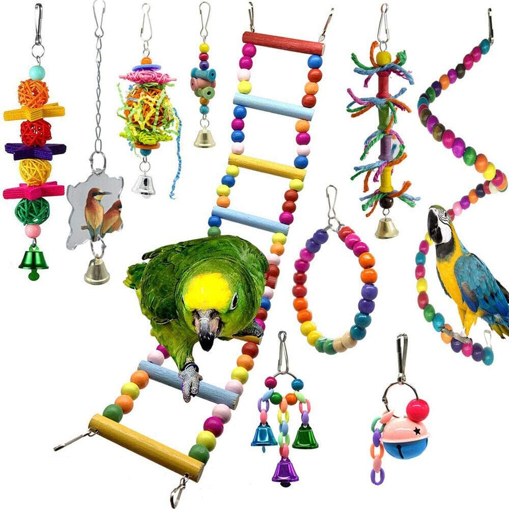 ozoffer 10pcs Bird Swing Chewing Toys Parrot Bell Hammock Parrot Cage Budgie Cockatiel