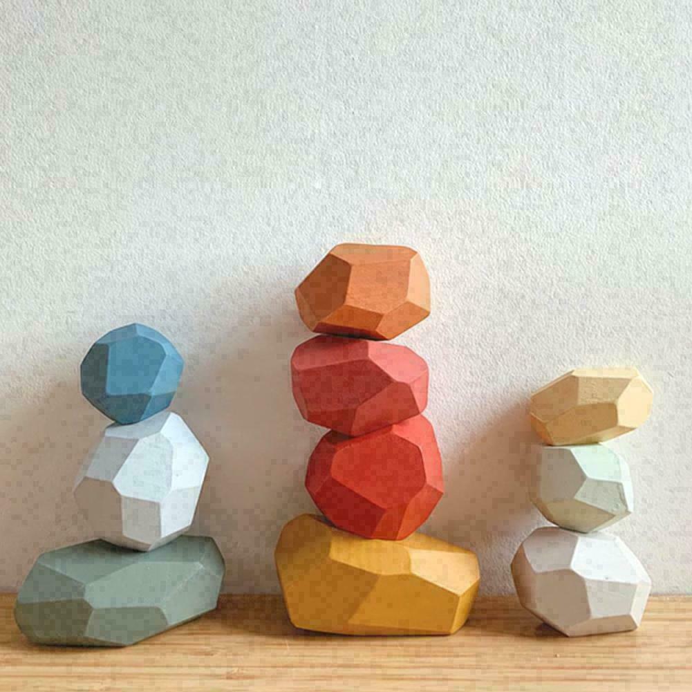 Ozoffer 16pcs Colored Wooden Stacking Balancing Stone Building Blocks Toy Creative