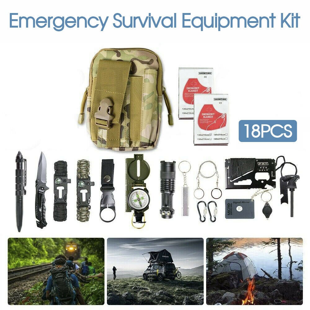 Ozoffer 18Pcs Emergency Survival Equipment Kit Outdoor Tactical Hiking Camping SOS Tool