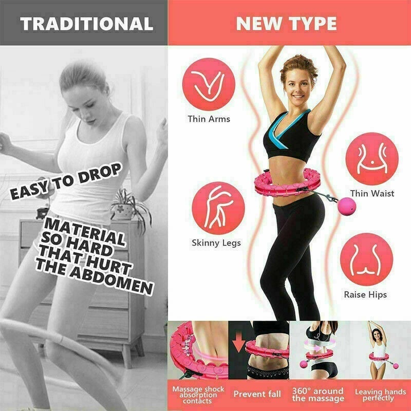 2 in 1 Abdomen Fitness Weight Loss Massage Non-Fall Hoola Hoops 20 Detachable Knots Adjustable Weight Auto-Spinning Ball Weighted Hula Hoop for Adults and Kids Exercising 