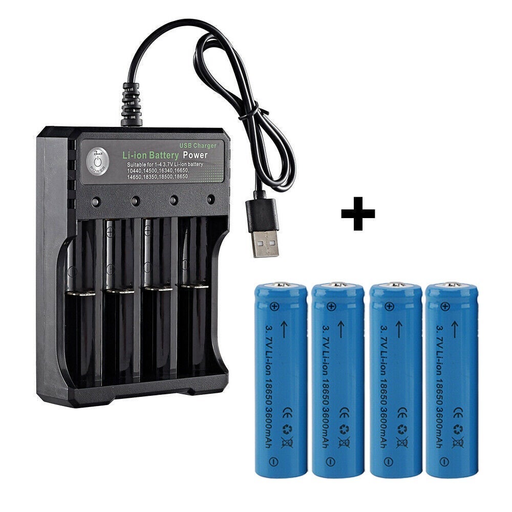 Ozoffer 4pcs 3.7V 3600mAh Li-ion Rechargeable Battery + USB Smart Charger Indicator Set