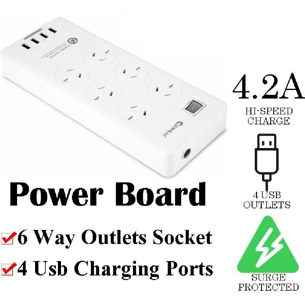 Ozoffer 6 Way Outlets Socket & 4 USB Charger Ports Power Board with Surge Protector