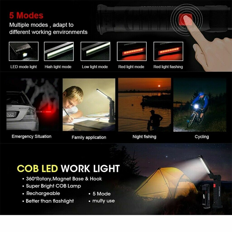 OZoffer Magnetic COB+LED Rechargeable Torch Inspection Lamp Cordless Workshop Work Light