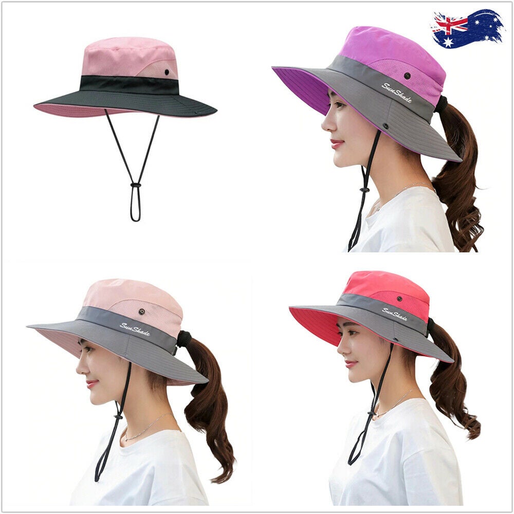 Ozoffer Women Wide Brim Ponytail Hat Sun Protect Visor Summer Beach Floppy Cap Anti UV