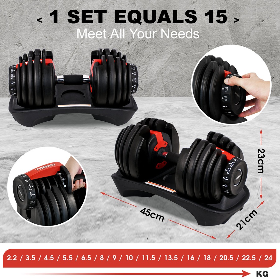 2 x 24kg Adjustable Dumbbells Home Gym Weights Fitness Set