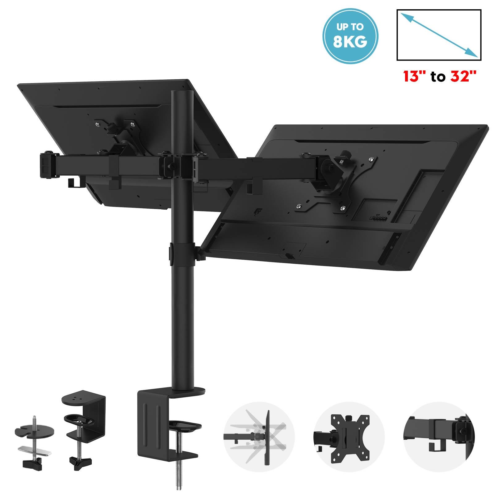 Dual Monitor Desk Mount Stand 360 Degree Rotation Height Adjustable Fits 2 Screens 10"-32"