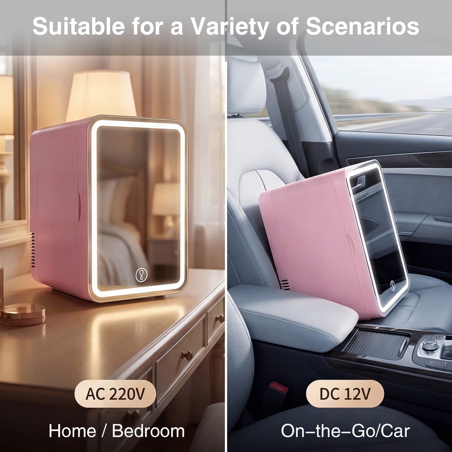 Advwin 8L Mini Makeup Fridge with LED Makeup Mirror Cosmetics Refrigerator Pink