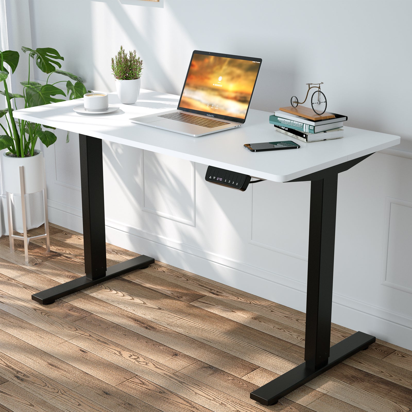 Adjustable Height Electric Standing Desk, Motorised Stand Up Desk Sit Stand Desk 120cm Splice Board, Black Matte Frame/White Table Top
