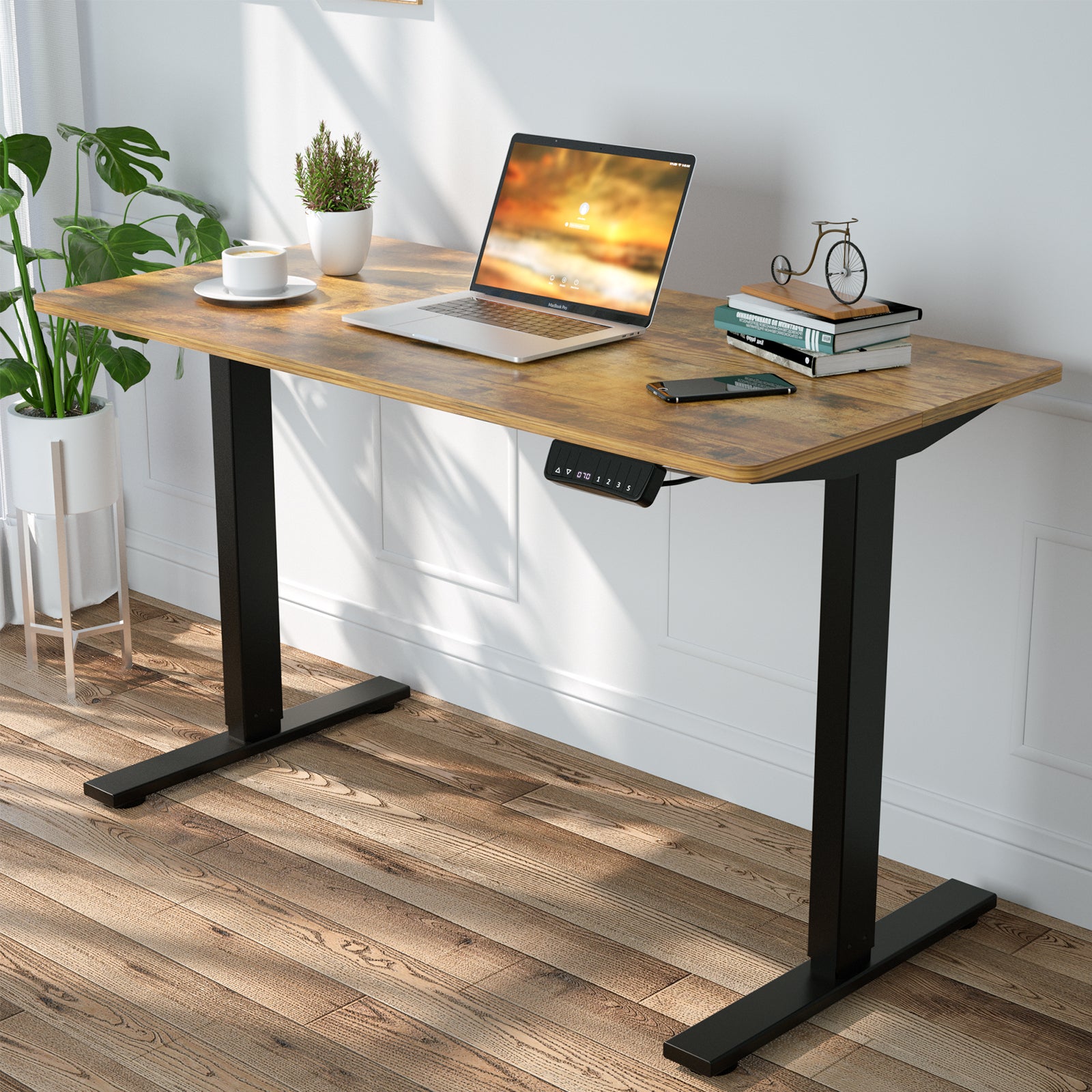 Advwin Height Adjustable Electric Standing Desk, Motorised Stand Up Desk Sit Stand Desk, 140cm Splice Board Black Frame/Walnut Color Table Top
