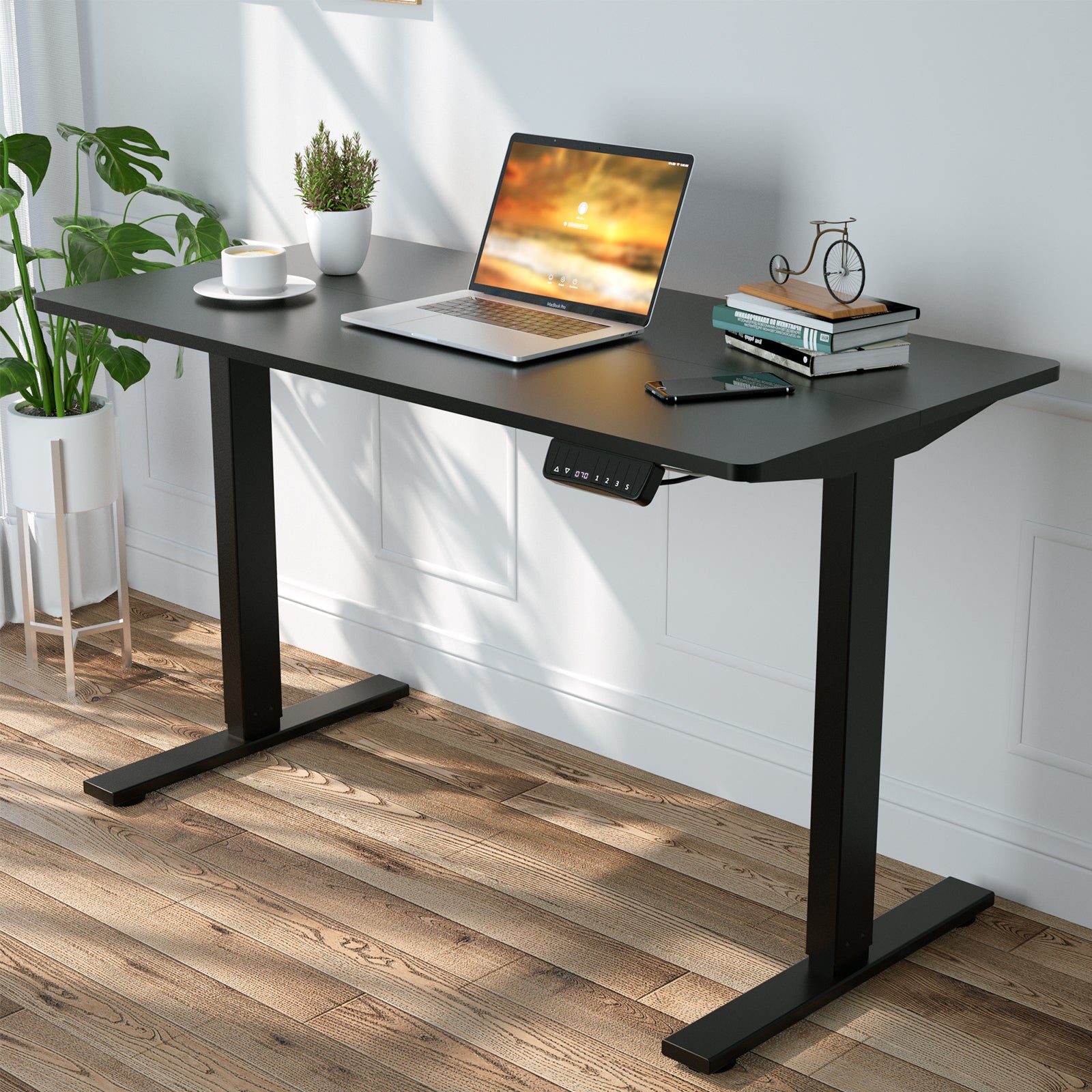 Adjustable Height Electric Standing Desk, Ergonomic Stand Up Desk Motorised Sit Stand Desk 140cm Splice Board, Black Matte Frame/Black Matte Table Top