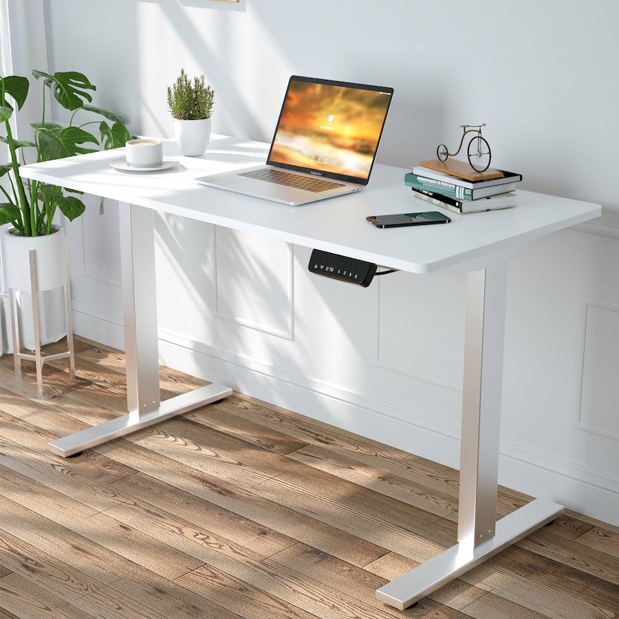 Adjustable Height Electric Standing Desk, Motorised Stand Up Desk Sit Stand Desk 140cm Splice Board, Bright Silver Frame/White Table Top