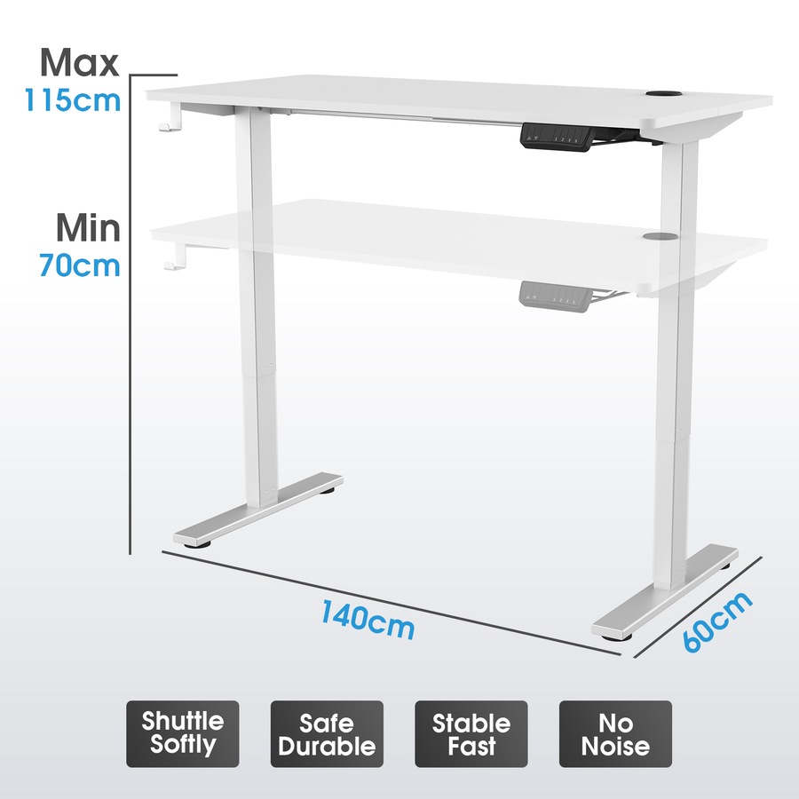 Adjustable Height Electric Standing Desk, Motorised Stand Up Desk Sit Stand Desk 140cm Splice Board, Bright Silver Frame/White Table Top