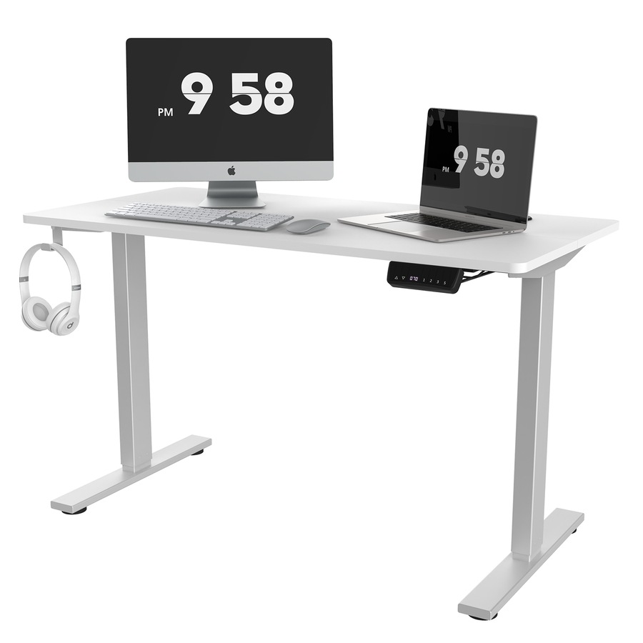 Adjustable Height Electric Standing Desk, Motorised Stand Up Desk Sit Stand Desk 140cm Splice Board, Bright Silver Frame/White Table Top