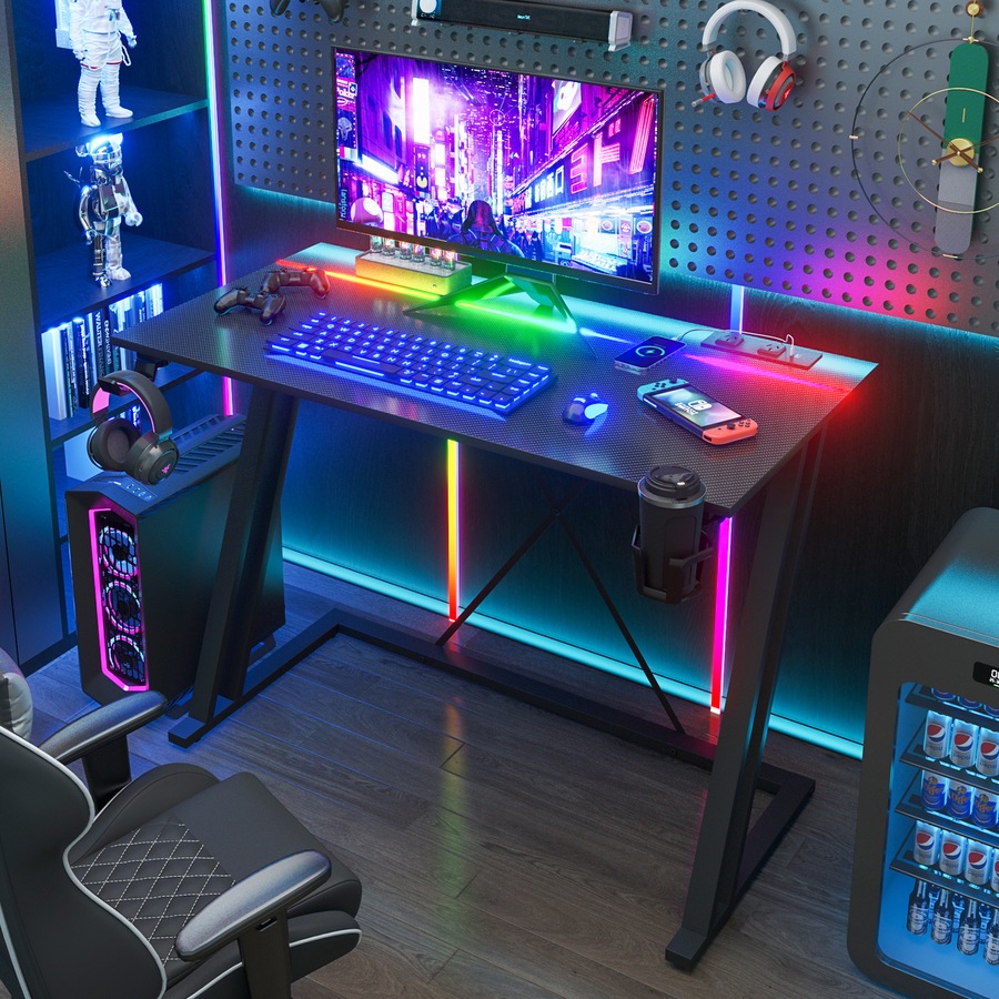 Advwin 100cm Gaming Desk Built-in LED Lights & Power Outlets Carbon Fiber Surface Computer Desk with Cup Holder & Headphone Hook Black