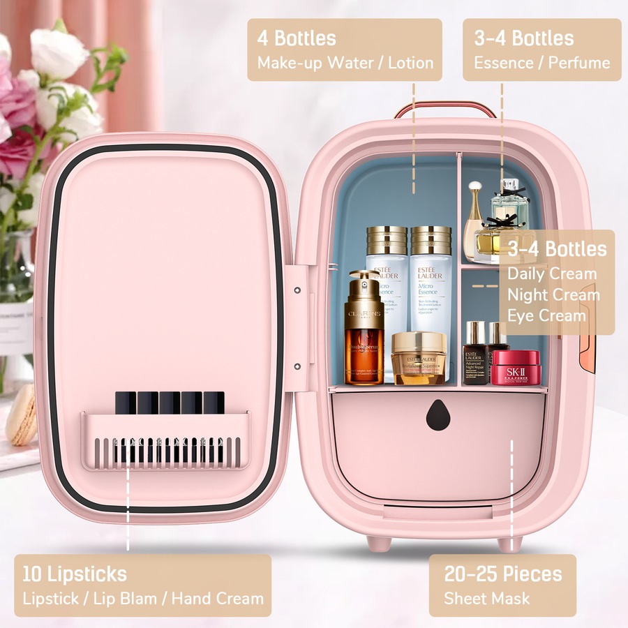 Advwin 15L Mini Makeup Fridge with LED Makeup Mirror Cosmetics Refrigerator Pink