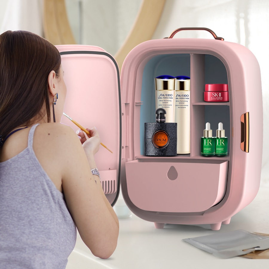 Advwin 15L Mini Makeup Fridge with LED Makeup Mirror Cosmetics Refrigerator Pink
