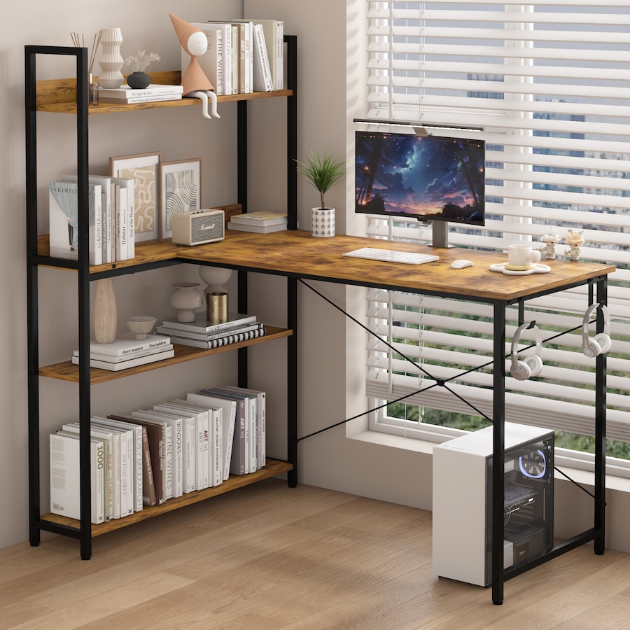 Advwin 110cm L Shaped Computer Desk with Reversible Storage Shelves Corner Desk with Bookshelf and Side Hook Walnut