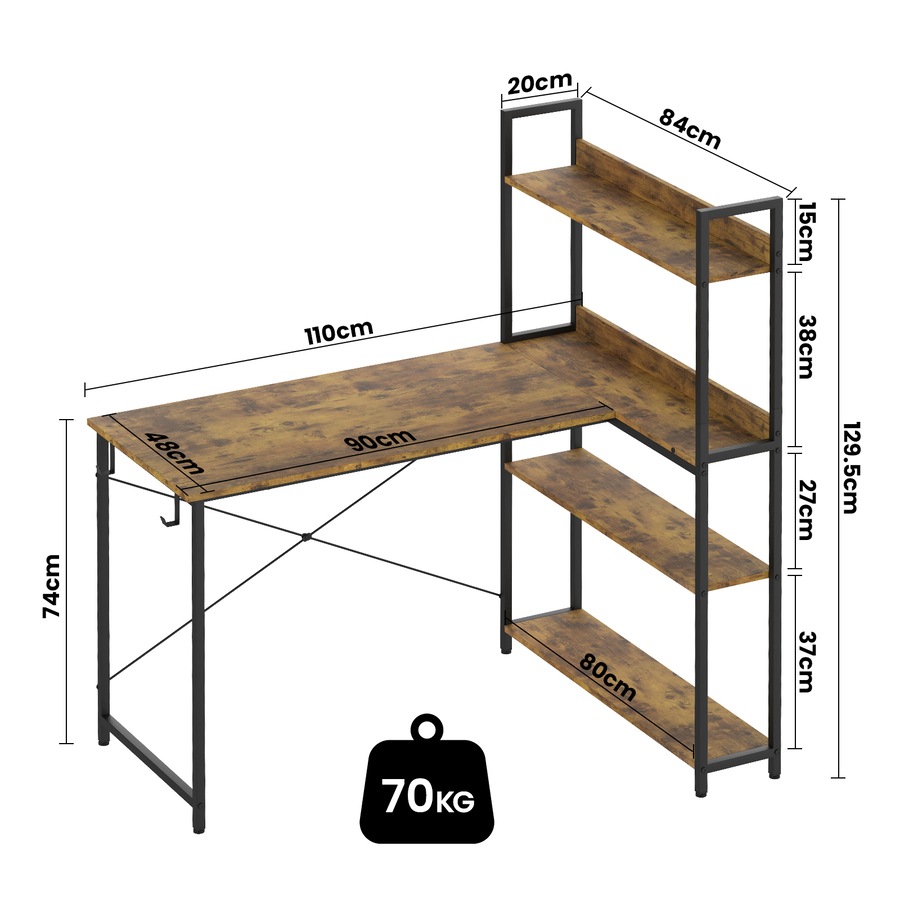 Advwin 110cm L Shaped Computer Desk with Reversible Storage Shelves Corner Desk with Bookshelf and Side Hook Walnut