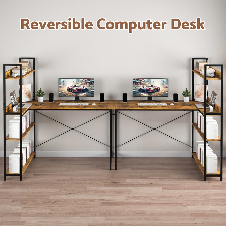 Advwin 110cm L Shaped Computer Desk with Reversible Storage Shelves Corner Desk with Bookshelf and Side Hook Walnut