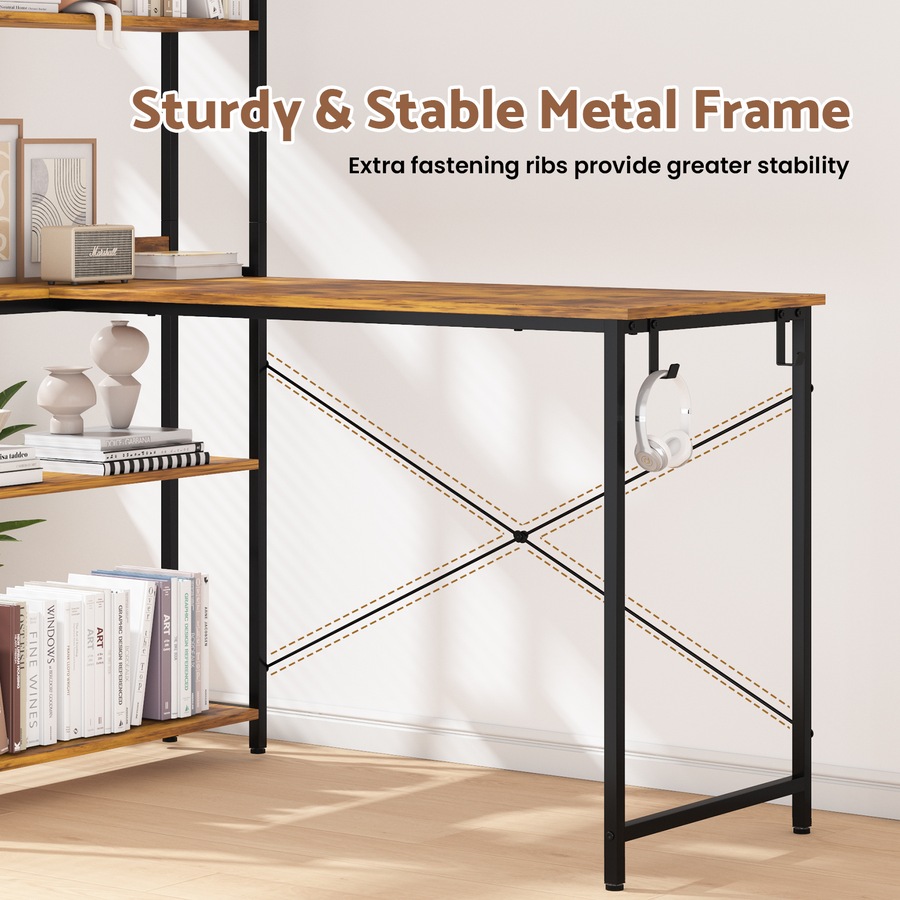 Advwin 110cm L Shaped Computer Desk with Reversible Storage Shelves Corner Desk with Bookshelf and Side Hook Walnut