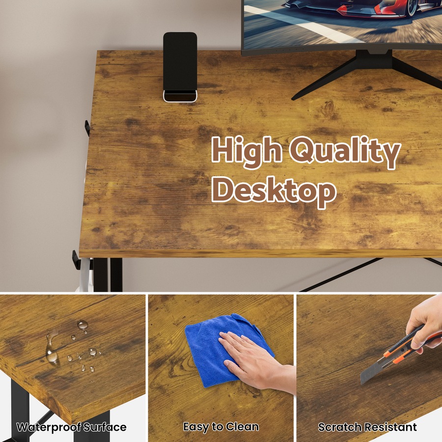 Advwin 110cm L Shaped Computer Desk with Reversible Storage Shelves Corner Desk with Bookshelf and Side Hook Walnut