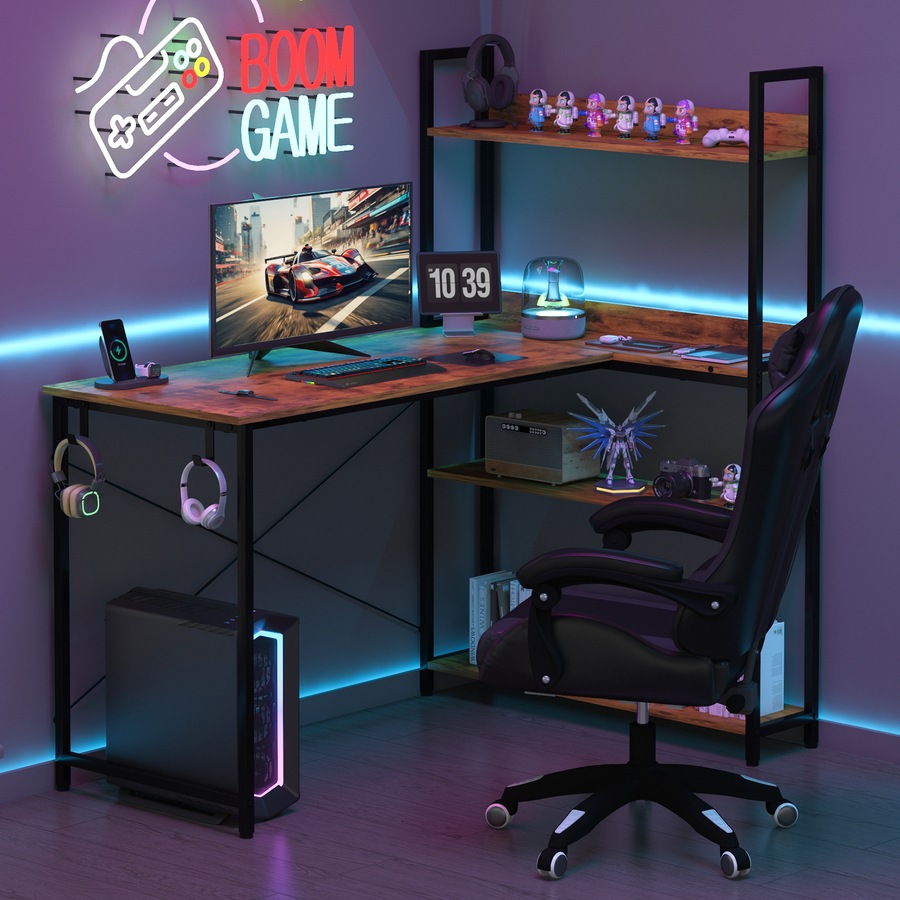 Advwin 110cm L Shaped Computer Desk with Reversible Storage Shelves Corner Desk with Bookshelf and Side Hook Walnut