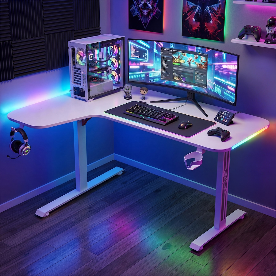 Advwin L Shape LED Gaming Desk 140cm Corner Table Computer Desk White